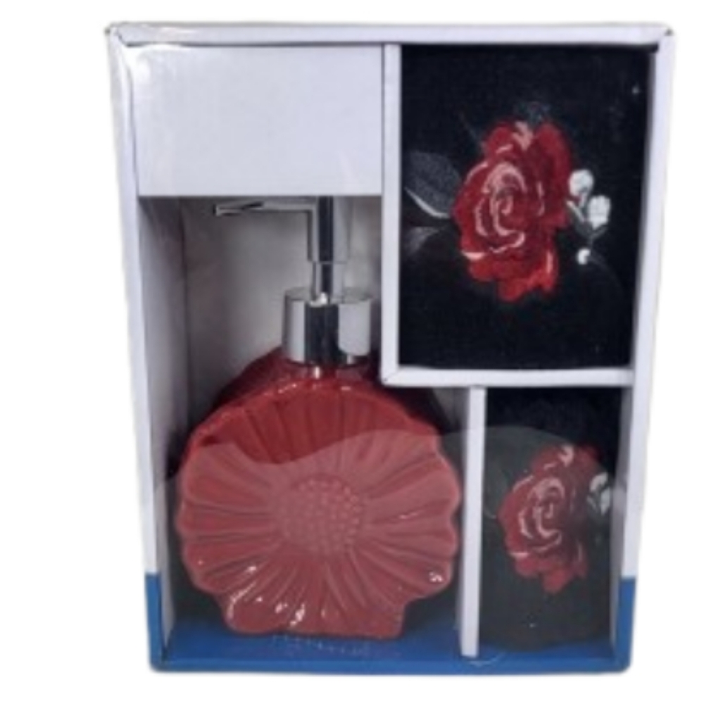 Interiors By Design Red Floral 3pc Bath Accessory Set
